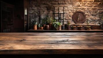 a front view of a dark rustic brown, empty wooden table for product placement with blurry background, serving as a blank wood table mockup, Ai generative photo