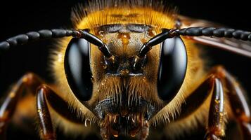 Close-Up of a Bee's Eyes - Striking Black Eye and Vibrant Orange Body on a Captivating Black Background, Capturing Nature's Beauty photo