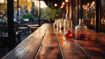 a front view of a dark rustic brown, empty wooden table for product placement with blurry background, serving as a blank wood table mockup, Ai generative photo