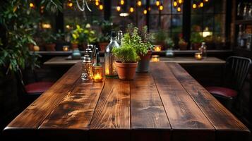 a front view of a dark rustic brown, empty wooden table for product placement with blurry background, serving as a blank wood table mockup, photo