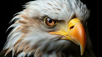 intenso mirada de un pájaro de presa, cerca arriba de calvo águila ojos con sorprendentes naranja color en un dramático negro antecedentes foto