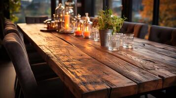 a front view of a dark rustic brown, empty wooden table for product placement with blurry background, serving as a blank wood table mockup, photo