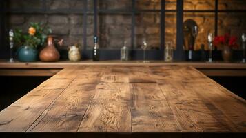 natural roble de madera mesa Bosquejo - frente ver de vacío blanco madera mesa, ideal para producto colocación con un borroso antecedentes. foto