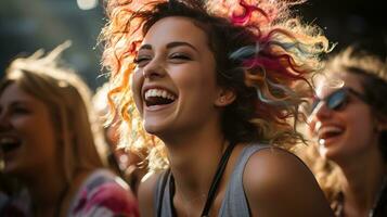 Young Women with friends Having a Very Good Time at Outdoor Concert, Bathed in Afternoon Light, Ai generative photo