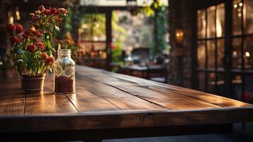 a front view of a dark rustic brown, empty wooden table for product placement with blurry background, serving as a blank wood table mockup, photo