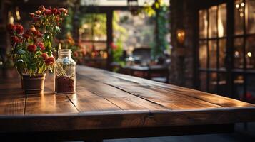 a front view of a dark rustic brown, empty wooden table for product placement with blurry background, serving as a blank wood table mockup, Ai generative photo