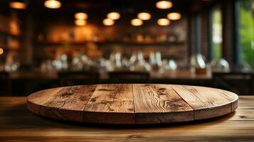 Natural Oak Wooden Table Mockup - Front View of Empty Blank Wood Table, Ideal for Product Placement with a Blurry Background. photo