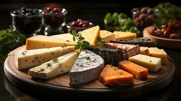 sucio rebanadas de queso, cortar dentro diferente formas en de madera platos, conjunto en un cautivador negro fondo, un culinario deleitar, ai generativo foto