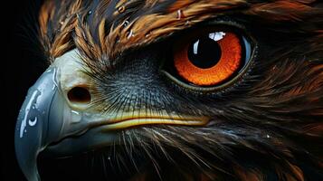 Intense Bird of Prey Gaze, Close-Up of Red-tailed Hawk's Eyes and Full Body on a Dramatic Black Background, Revealing Nature's Wonders, Ai generative photo