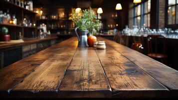 a front view of a dark rustic brown, empty wooden table for product placement with blurry background, serving as a blank wood table mockup, Ai generative photo