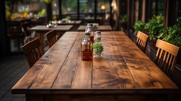 a front view of a dark rustic brown, empty wooden table for product placement with blurry background, serving as a blank wood table mockup, photo
