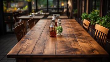 a front view of a dark rustic brown, empty wooden table for product placement with blurry background, serving as a blank wood table mockup, Ai generative photo