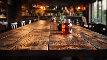 a front view of a dark rustic brown, empty wooden table for product placement with blurry background, serving as a blank wood table mockup, photo