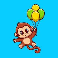 linda mono volador con globo dibujos animados vector icono ilustración. animal fiesta icono concepto aislado prima vector. plano dibujos animados estilo