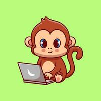 linda mono trabajando en ordenador portátil dibujos animados vector icono ilustración. animal tecnología icono concepto aislado prima vector. plano dibujos animados estilo