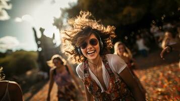 joven mujer con amigos teniendo un muy bueno hora a al aire libre concierto, bañado en tarde luz, ai generativo foto