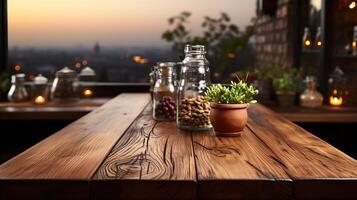 a front view of a dark rustic brown, empty wooden table for product placement with blurry background, serving as a blank wood table mockup, photo