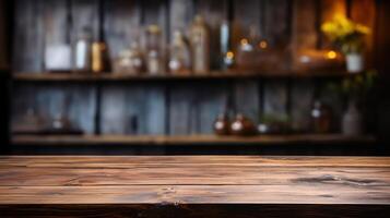 a front view of a dark rustic brown, empty wooden table for product placement with blurry background, serving as a blank wood table mockup, Ai generative photo