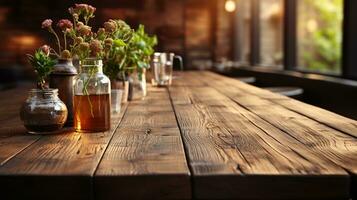 a front view of a dark rustic brown, empty wooden table for product placement with blurry background, serving as a blank wood table mockup, Ai generative photo