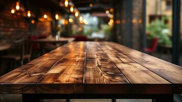 a front view of a dark rustic brown, empty wooden table for product placement with blurry background, serving as a blank wood table mockup, Ai generative photo
