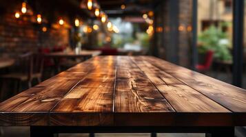 a front view of a dark rustic brown, empty wooden table for product placement with blurry background, serving as a blank wood table mockup, photo