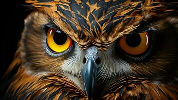 Close-Up of Owl's Eyes, Intense Yellow Eye Color on a Captivating Black Background, Capturing the Wildlife Predator's Vision, Ai generative photo