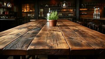 a front view of a dark rustic brown, empty wooden table for product placement with blurry background, serving as a blank wood table mockup, Ai generative photo