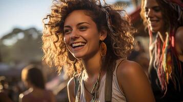 Young Women with friends Having a Very Good Time at Outdoor Concert, Bathed in Afternoon Light, Ai generative photo