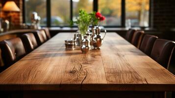 Natural Oak Wooden Table Mockup - Front View of Empty Blank Wood Table, Ideal for Product Placement with a Blurry Background. photo