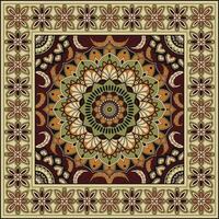 Ethnic square rug with flower mandala in warm tones. Indian, aztec, mexican motives.Bandana print. vector