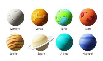 3D render Solar System planets set. Vector outer space gas giants Jupiter and Saturn, ice Uranus Neptune, Pluto. Rocky Mercury, Venus and Earth, Mars. Realistic colofful science, astronomy clay style