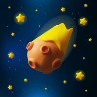 3D render meteorite in outer space. Astronomy vector illustration in clay style. Realistic science about universe, planets and stars. Flying meteoroid on fire in galaxy. Web banner in cartoon style