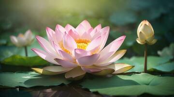 Beautiful pink waterlily or lotus flower in pond photo