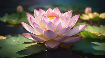 Beautiful pink waterlily or lotus flower in pond photo