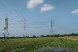 communication tower, electrical tower, power grip, telecommunication tower, mobile phone relay tower, with cables and other technological background photo