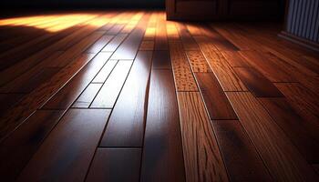Room with wooden floor, flooring made of brown wood, photo