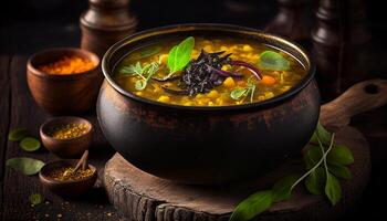 A bowl of Indian lentil soup a traditional daal recipe with lemon and red chili on the side, Generative AI photo