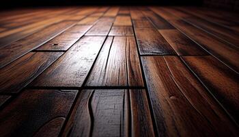 A wooden floor with a dark background and a light shining on it, Generative AI photo