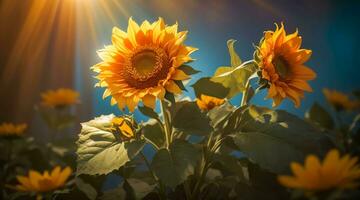 set of yellow flowers, sunflowers with leaves, botanical picture, floral design for digital content photo