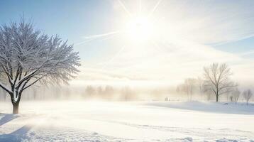 beautiful cold morning winter snow background with trees forest and mountain in the background, Gently snow view against the blue sky, free space for your decoration photo