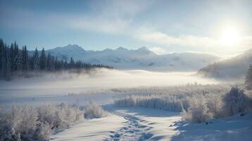 beautiful cold morning winter snow background with trees forest and mountain in the background, Gently snow view against the blue sky, free space for your decoration photo