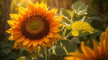 set of yellow flowers, sunflowers with leaves, botanical picture, floral design for digital content photo