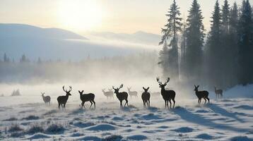 hermosa frío Mañana invierno nieve antecedentes con arboles bosque y montaña en el fondo, suavemente nieve ver en contra el azul cielo, gratis espacio para tu decoración foto