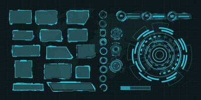 digital interface HUD elements set pack. User Interface, frame screens. Callouts titles, FUI circle set, Loading bars. Dashboard reality technology screen. Vector
