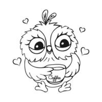 Cute owl character, owl chick. Outline drawing, sketch for coloring. Vector