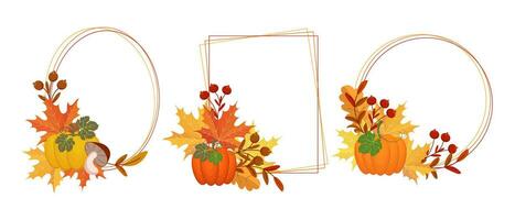 Thanksgiving geometric frames set. Compositions of pumpkins, autumn leaves, mountain ash and mushrooms. Greeting card for text, vector