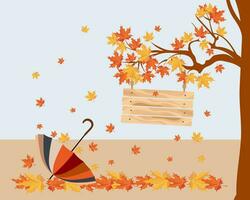 A sign from wooden boards on a tree with autumn maple leaves and an umbrella. Autumn illustration, vector