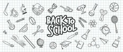 Back to school. Lettering and freehand drawing school items on a sheet of exercise book. Vector