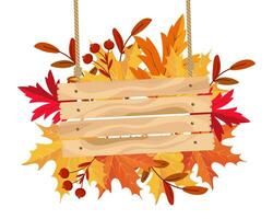 un cartel de tablas de madera sobre un fondo con hojas de arce otoñales. ilustración de otoño, fondo, vector