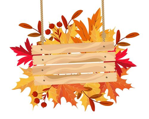 A sign from wooden boards on a background with autumn maple leaves. Autumn illustration, background, vector